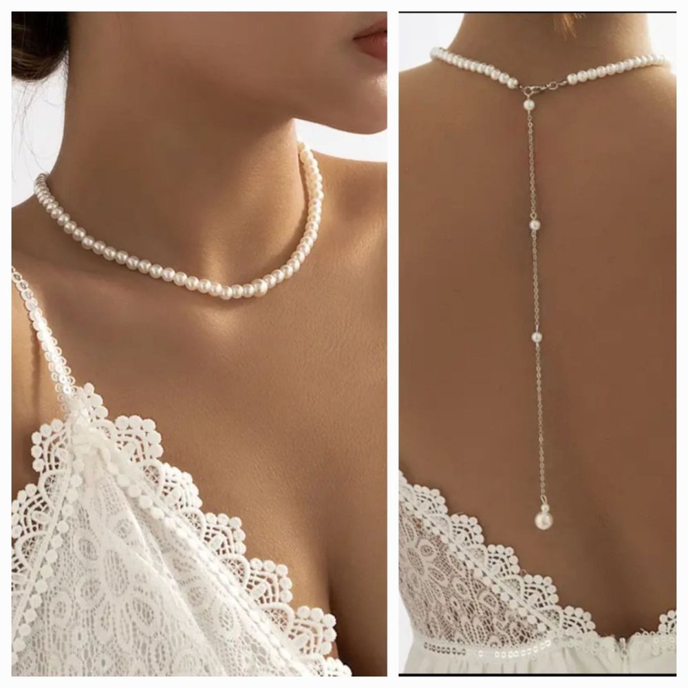 White Faux Pearl 9" Back Dangle 16" Choker Bridal Event Party Necklace NWOT